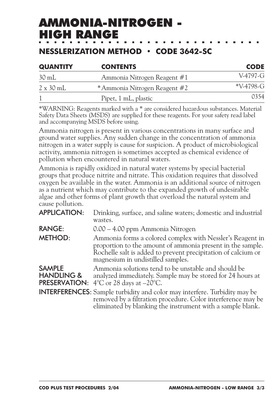 Ammonia-nitrogen - high range | LaMotte COD Plus Colorimeter 1922-EX2 User Manual | Page 72 / 133