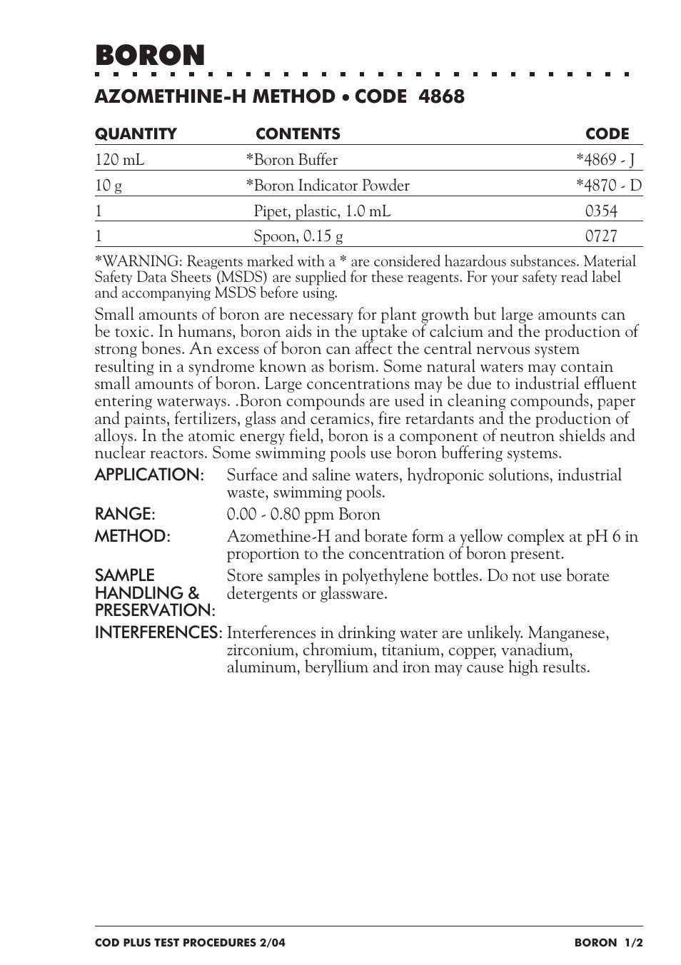 Boron | LaMotte COD Plus Colorimeter 1922-EX2 User Manual | Page 74 / 133