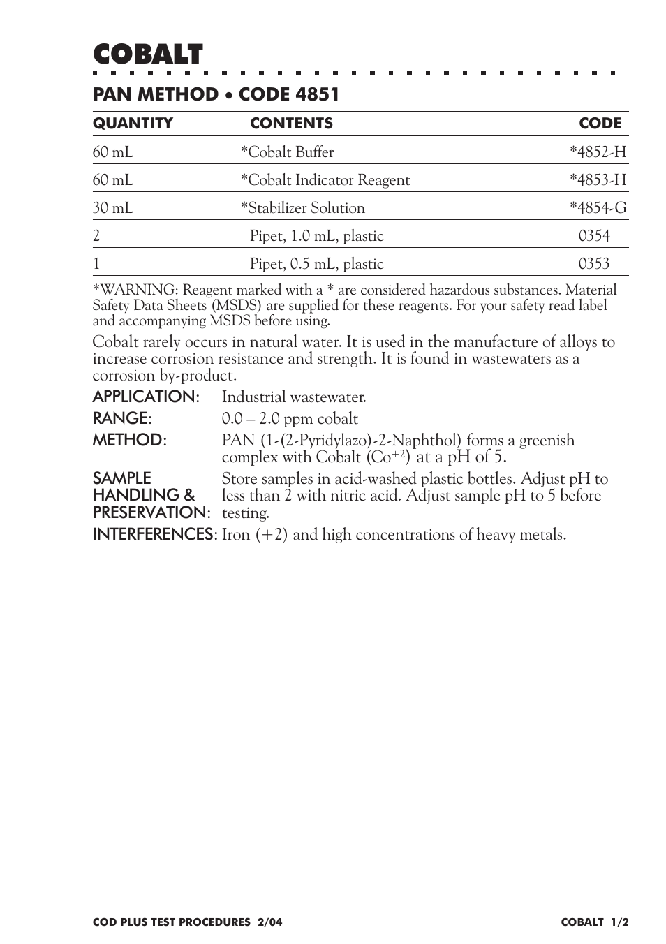 Cobalt | LaMotte COD Plus Colorimeter 1922-EX2 User Manual | Page 76 / 133