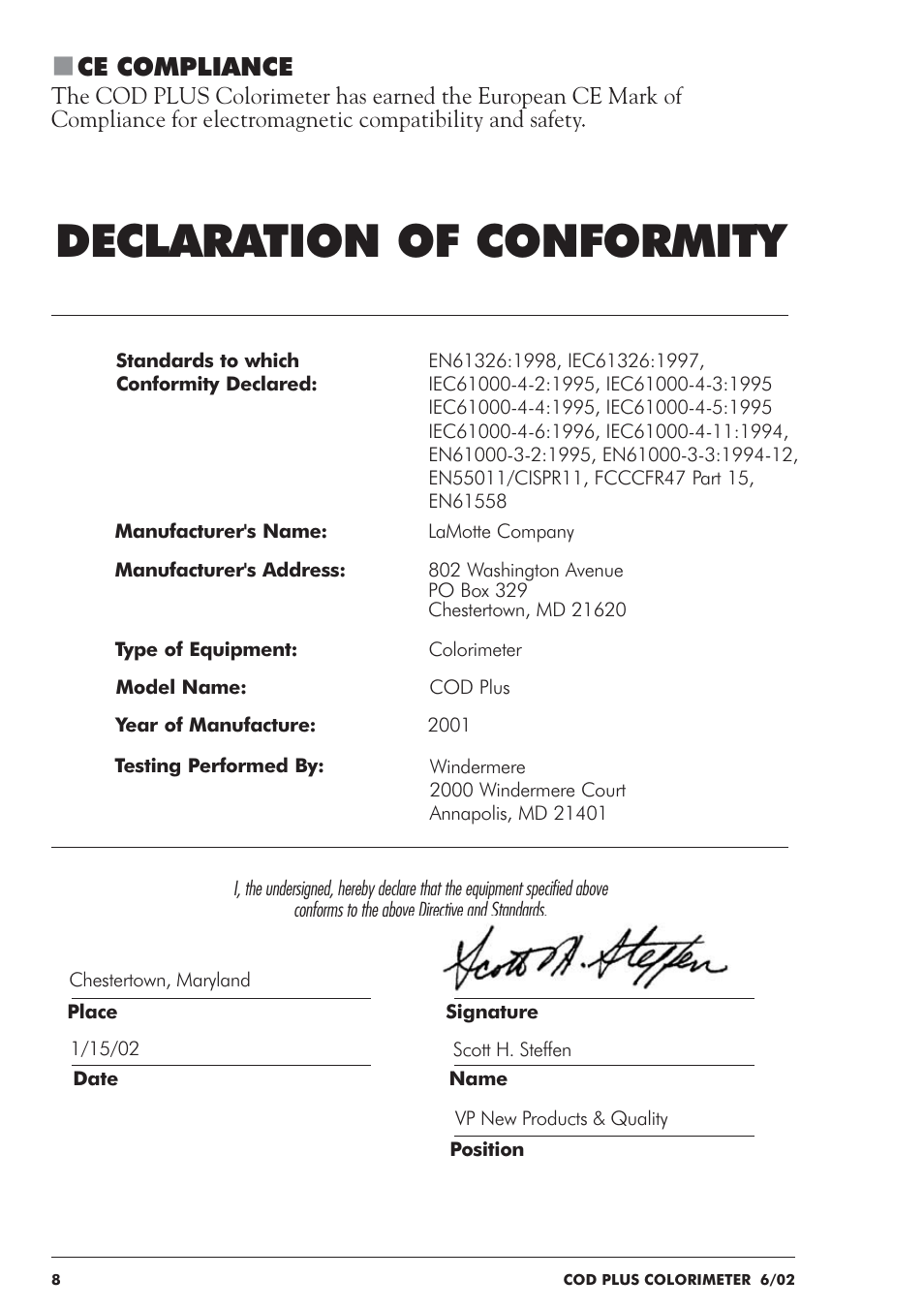 Declaration of conformity, Ce compliance | LaMotte COD Plus Colorimeter 1922-EX2 User Manual | Page 8 / 133