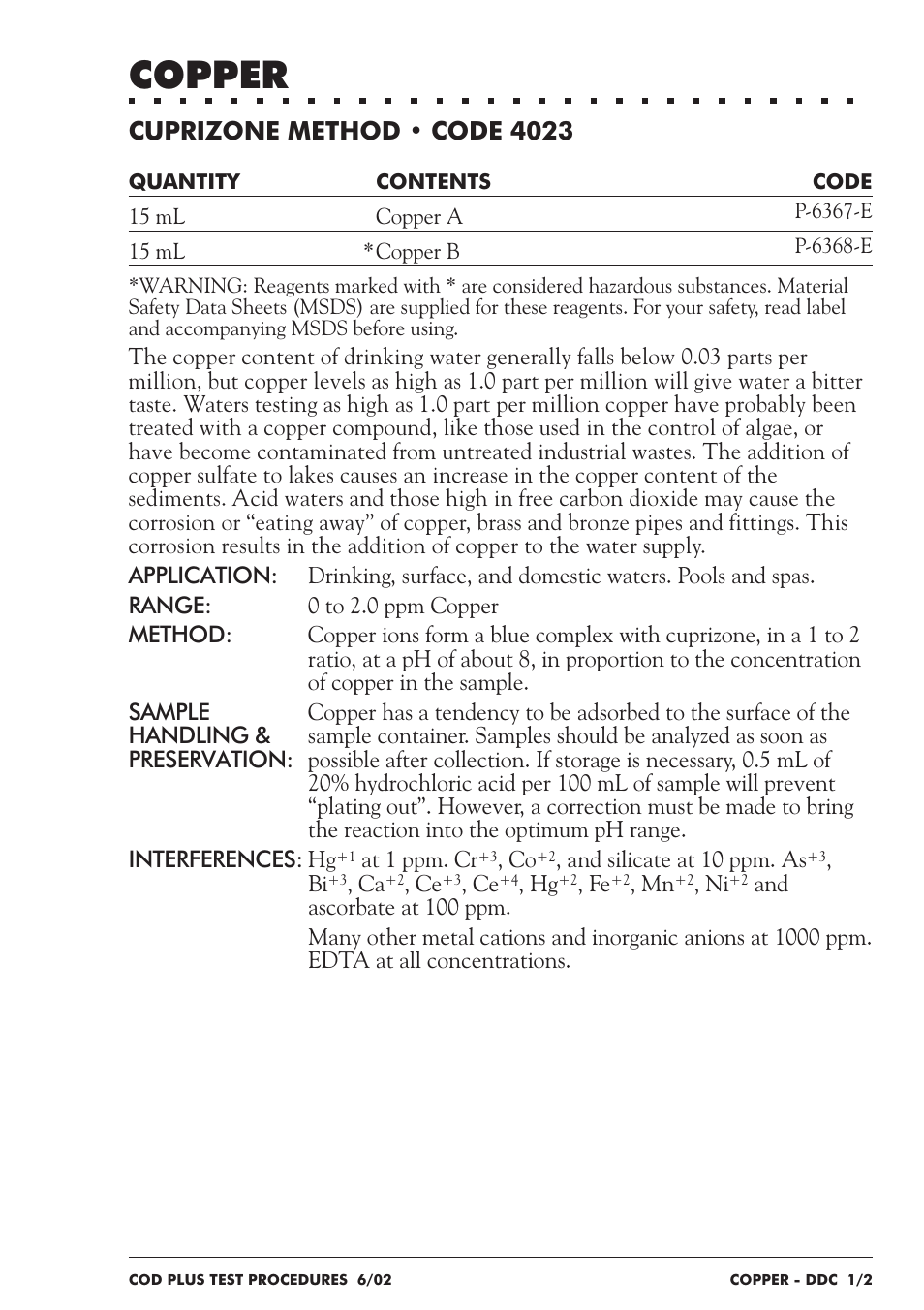 Copper, Cuprizone method • code 4023 | LaMotte COD Plus Colorimeter 1922-EX2 User Manual | Page 80 / 133