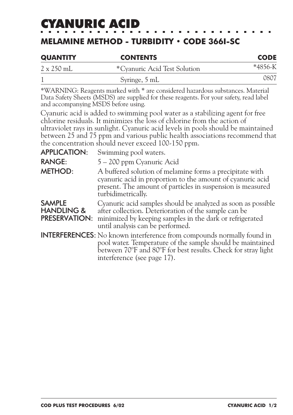 Cyanuric acid | LaMotte COD Plus Colorimeter 1922-EX2 User Manual | Page 84 / 133
