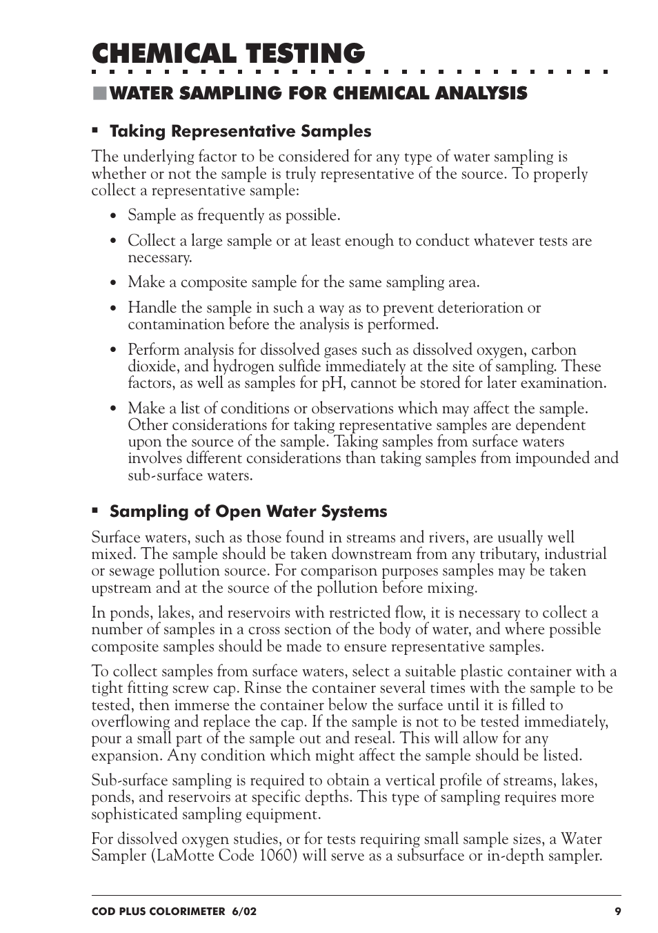 Chemical testing, Water sampling for chemical analysis | LaMotte COD Plus Colorimeter 1922-EX2 User Manual | Page 9 / 133