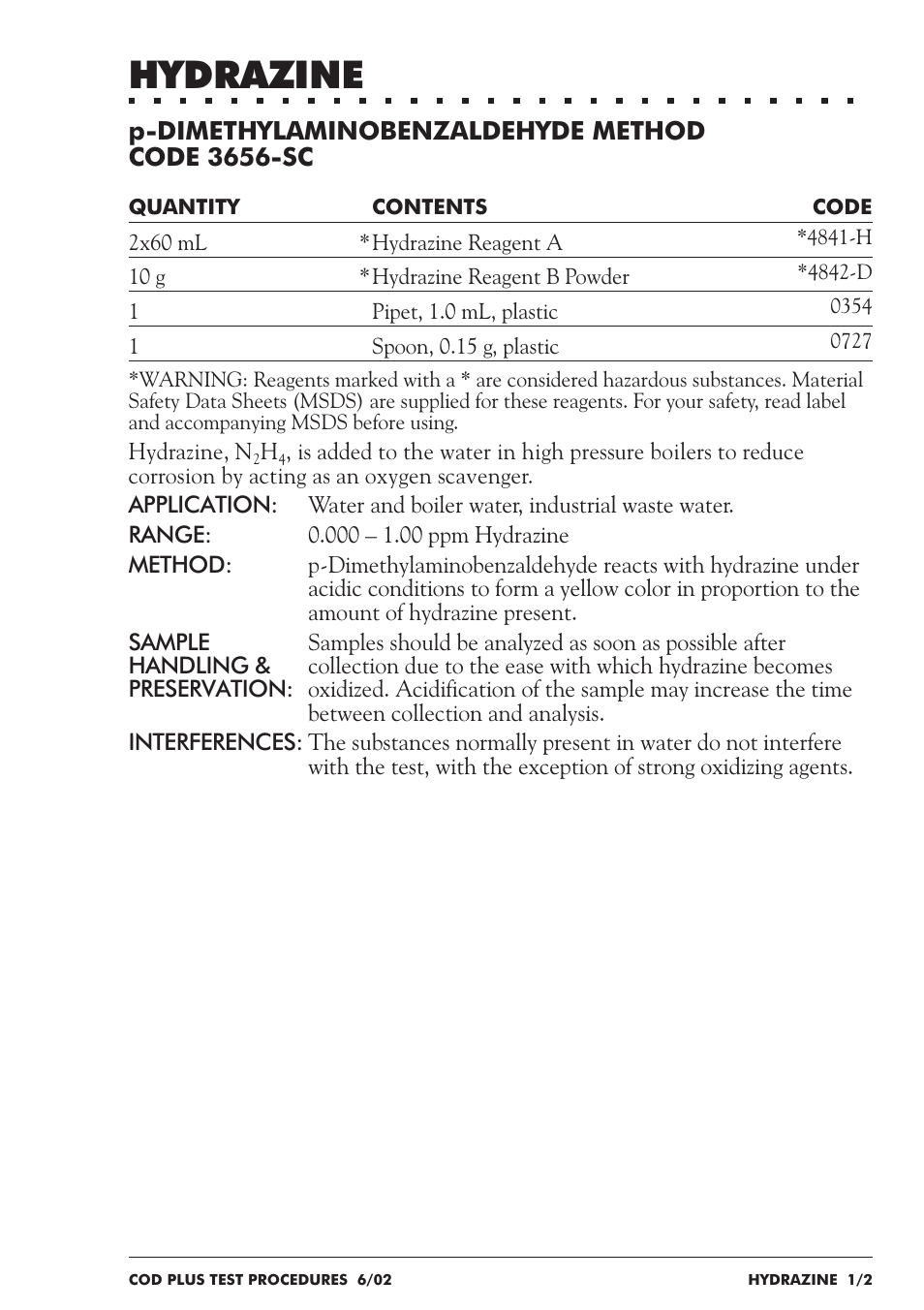 Hydrazine | LaMotte COD Plus Colorimeter 1922-EX2 User Manual | Page 94 / 133