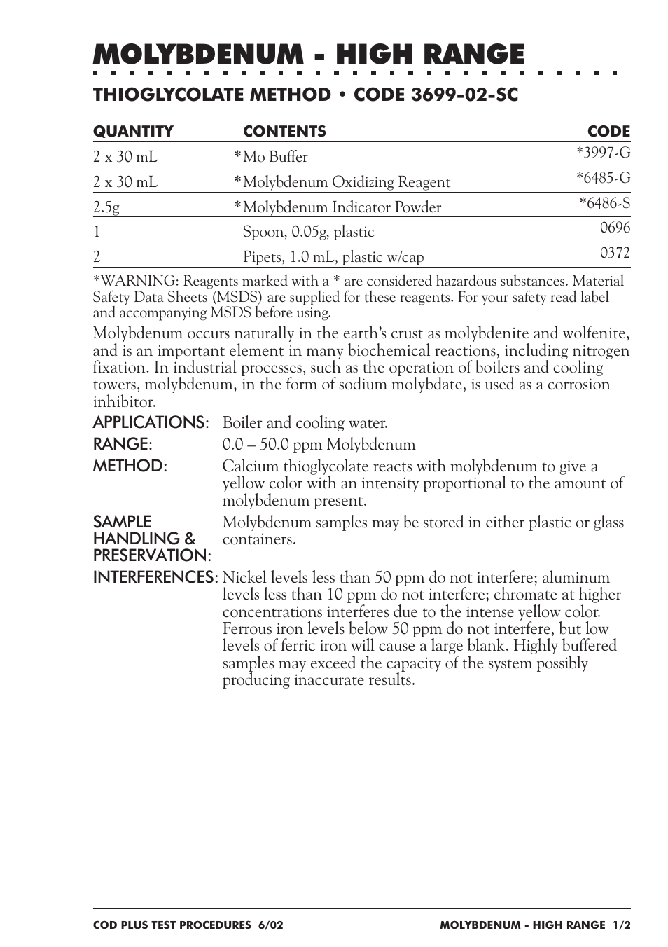 Molybdenum - high range | LaMotte COD Plus Colorimeter 1922-EX2 User Manual | Page 96 / 133