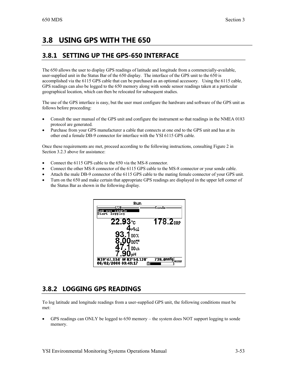 8 using gps with the 650, 1 setting up the gps-650 interface, 2 logging gps readings | Xylem 6-Series Multiparameter User Manual | Page 183 / 377