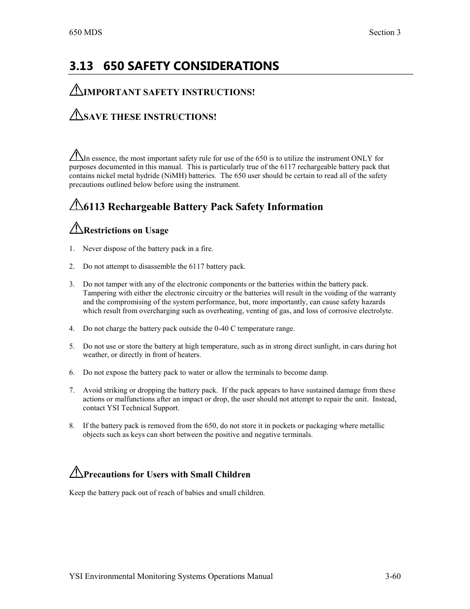 6113 rechargeable battery pack safety information | Xylem 6-Series Multiparameter User Manual | Page 190 / 377