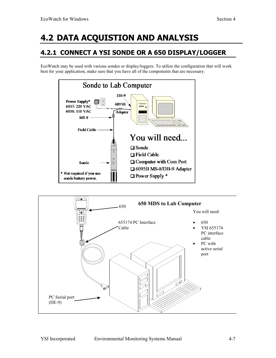 2 data acquistion and analysis, 1 connect a ysi sonde or a 650 display/logger | Xylem 6-Series Multiparameter User Manual | Page 203 / 377
