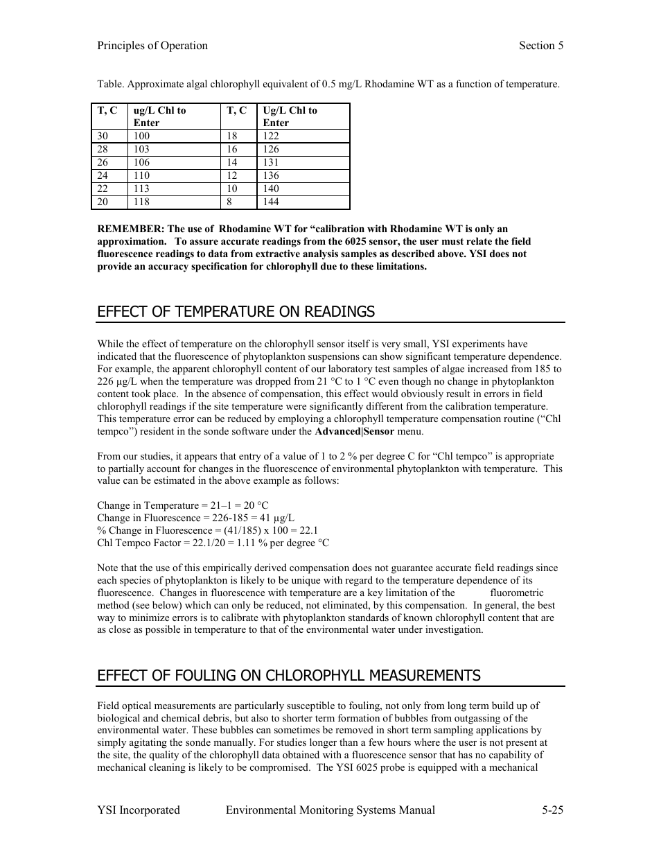 Effect of temperature on readings, Effect of fouling on chlorophyll measurements | Xylem 6-Series Multiparameter User Manual | Page 263 / 377