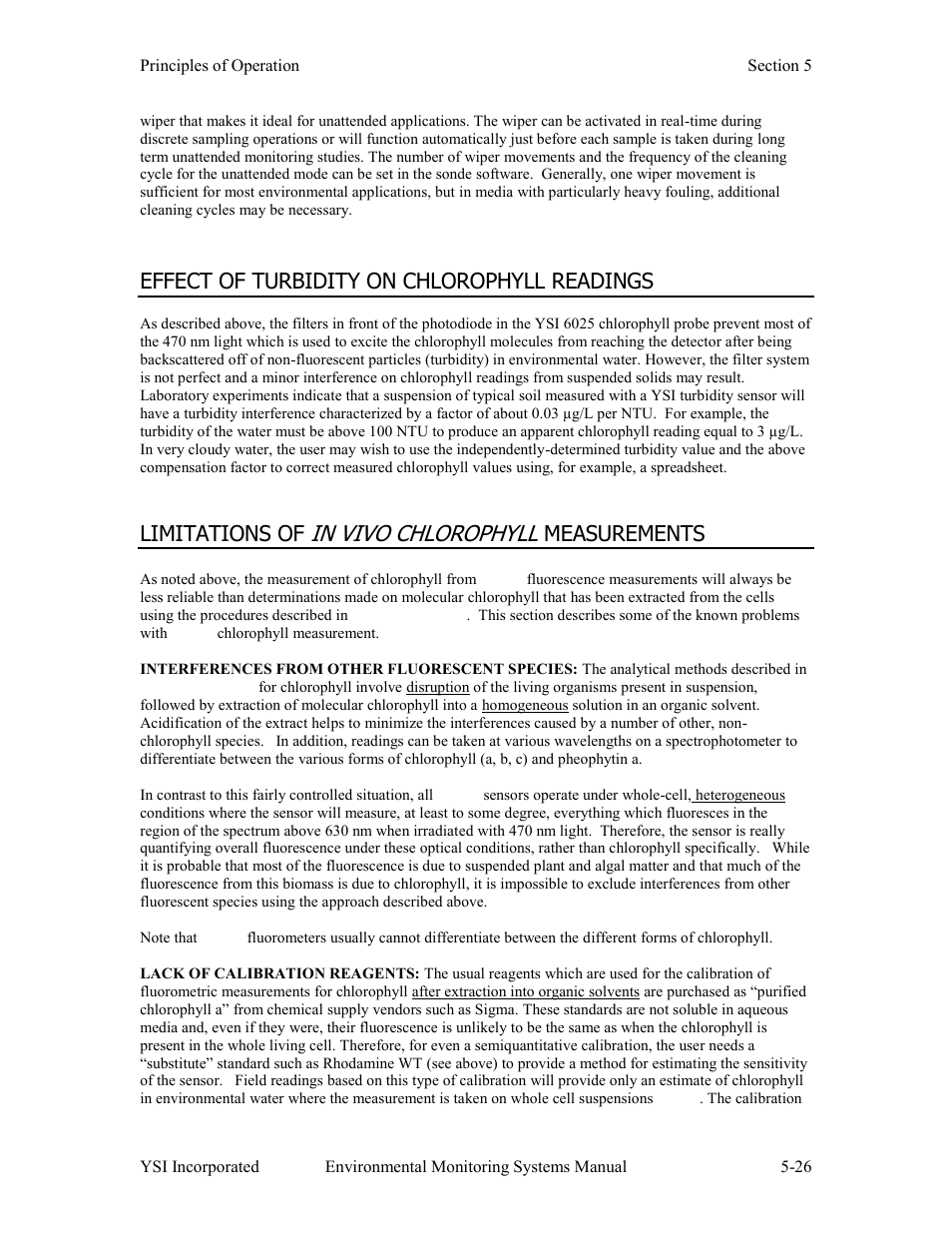 Effect of turbidity on chlorophyll readings, Limitations of, Measurements | Xylem 6-Series Multiparameter User Manual | Page 264 / 377