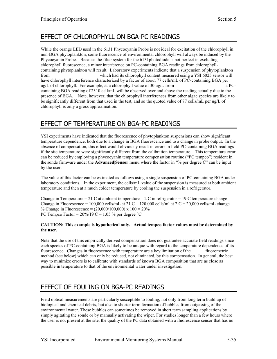 Effect of chlorophyll on bga-pc readings, Effect of temperature on bga-pc readings, Effect of fouling on bga-pc readings | Xylem 6-Series Multiparameter User Manual | Page 273 / 377