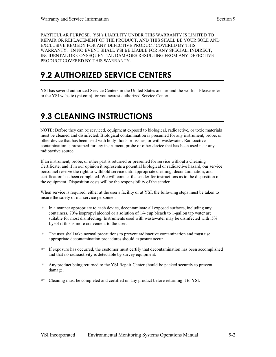 2 authorized service centers, 3 cleaning instructions, 4 packing instructions | Xylem 6-Series Multiparameter User Manual | Page 294 / 377