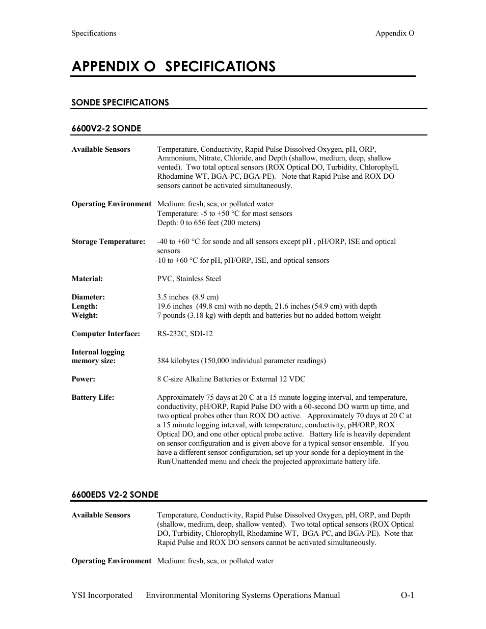 Appendix o specifications, Sonde specifications, 6600v2-2 sonde | 6600eds v2-2 sonde | Xylem 6-Series Multiparameter User Manual | Page 364 / 377