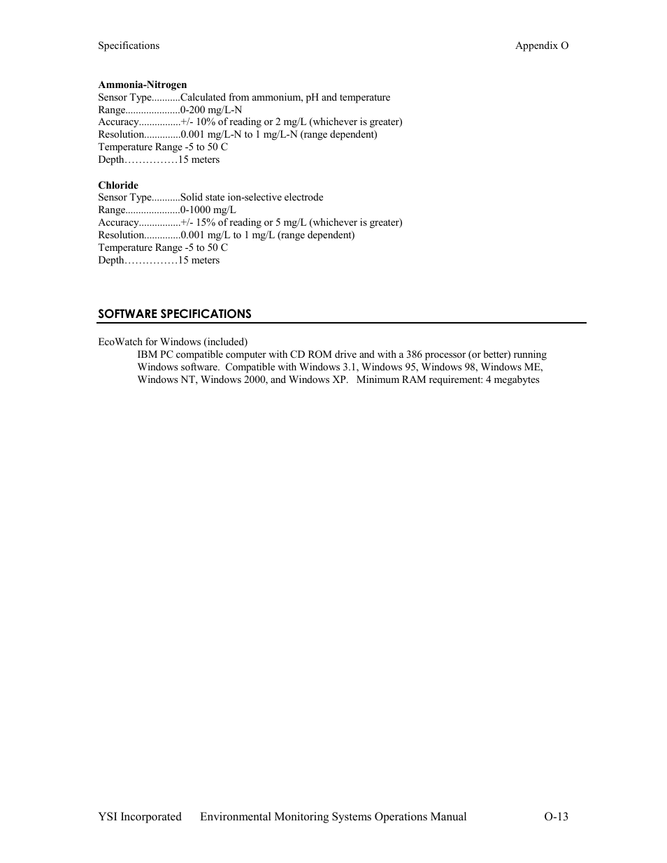 Software specifications | Xylem 6-Series Multiparameter User Manual | Page 376 / 377