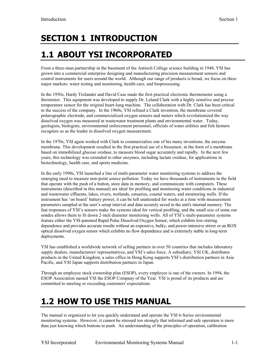 Section 1 introduction, 1 about ysi incorporated, 2 how to use this manual | Xylem 6-Series Multiparameter User Manual | Page 5 / 377