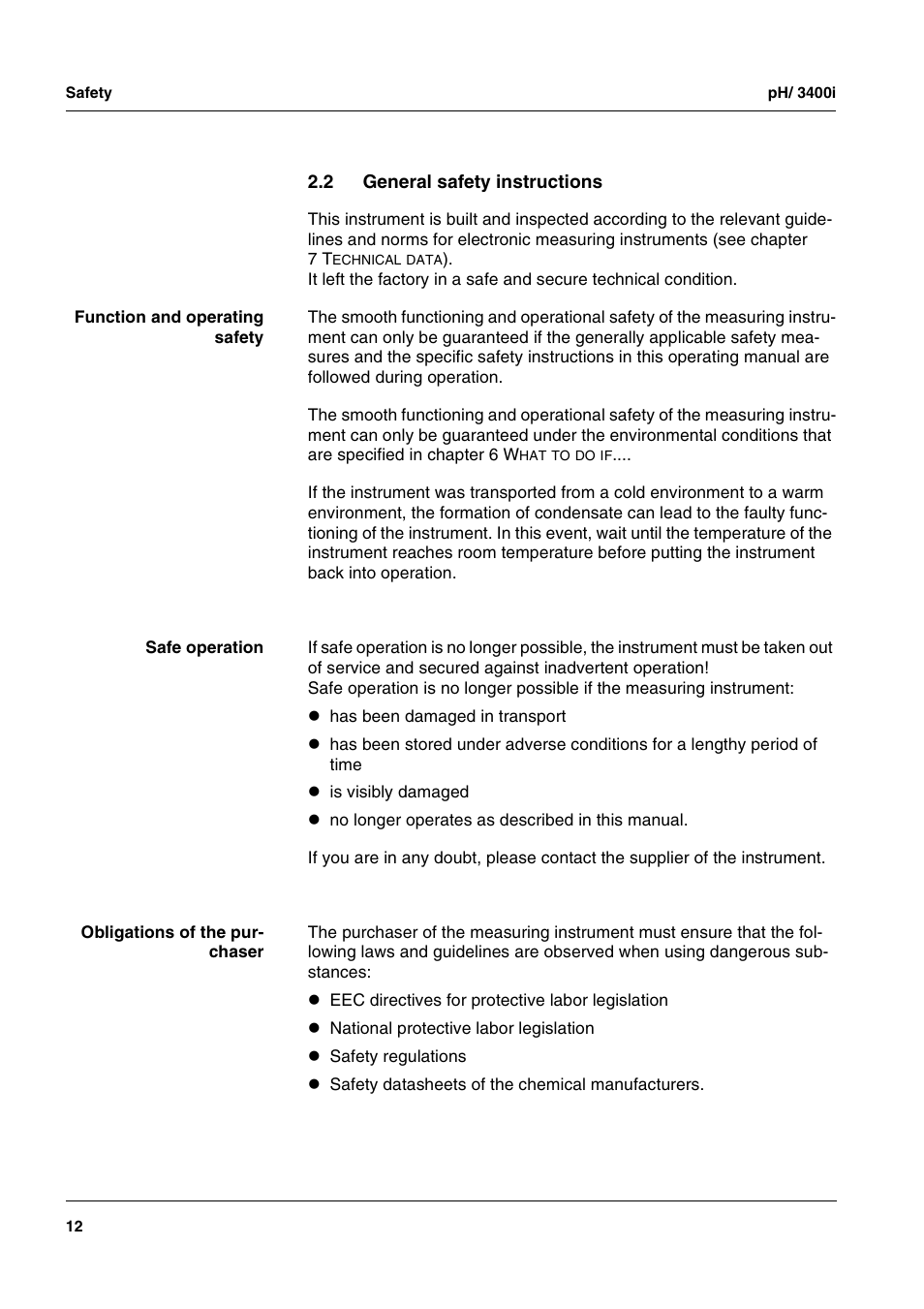 2 general safety instructions, General safety instructions | Xylem pH/ION 3400i ION SELECTIVE ELECTRODE ANALYZER User Manual | Page 12 / 83