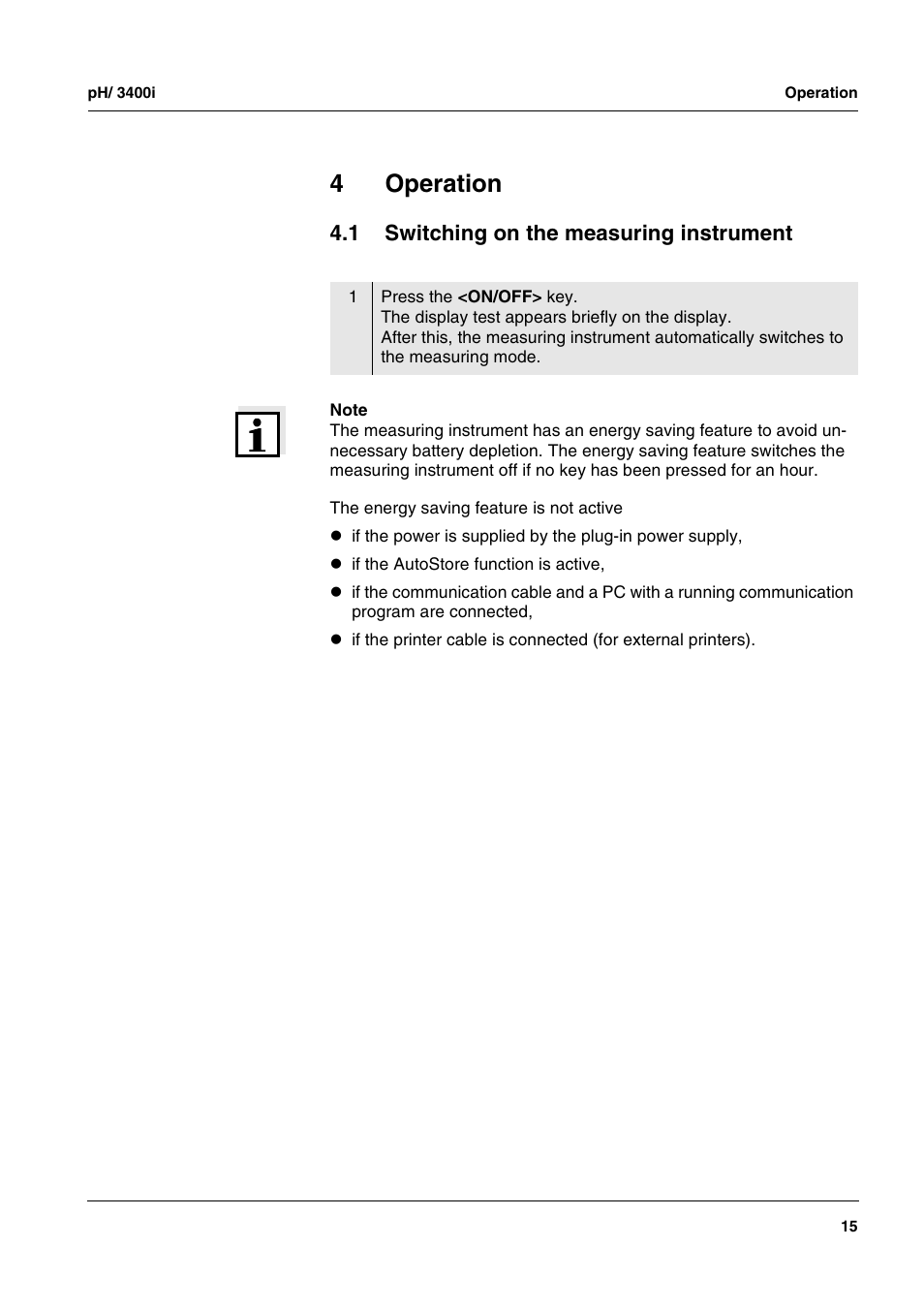 4 operation, 1 switching on the measuring instrument, Operation | Switching on the measuring instrument, 4operation | Xylem pH/ION 3400i ION SELECTIVE ELECTRODE ANALYZER User Manual | Page 15 / 83