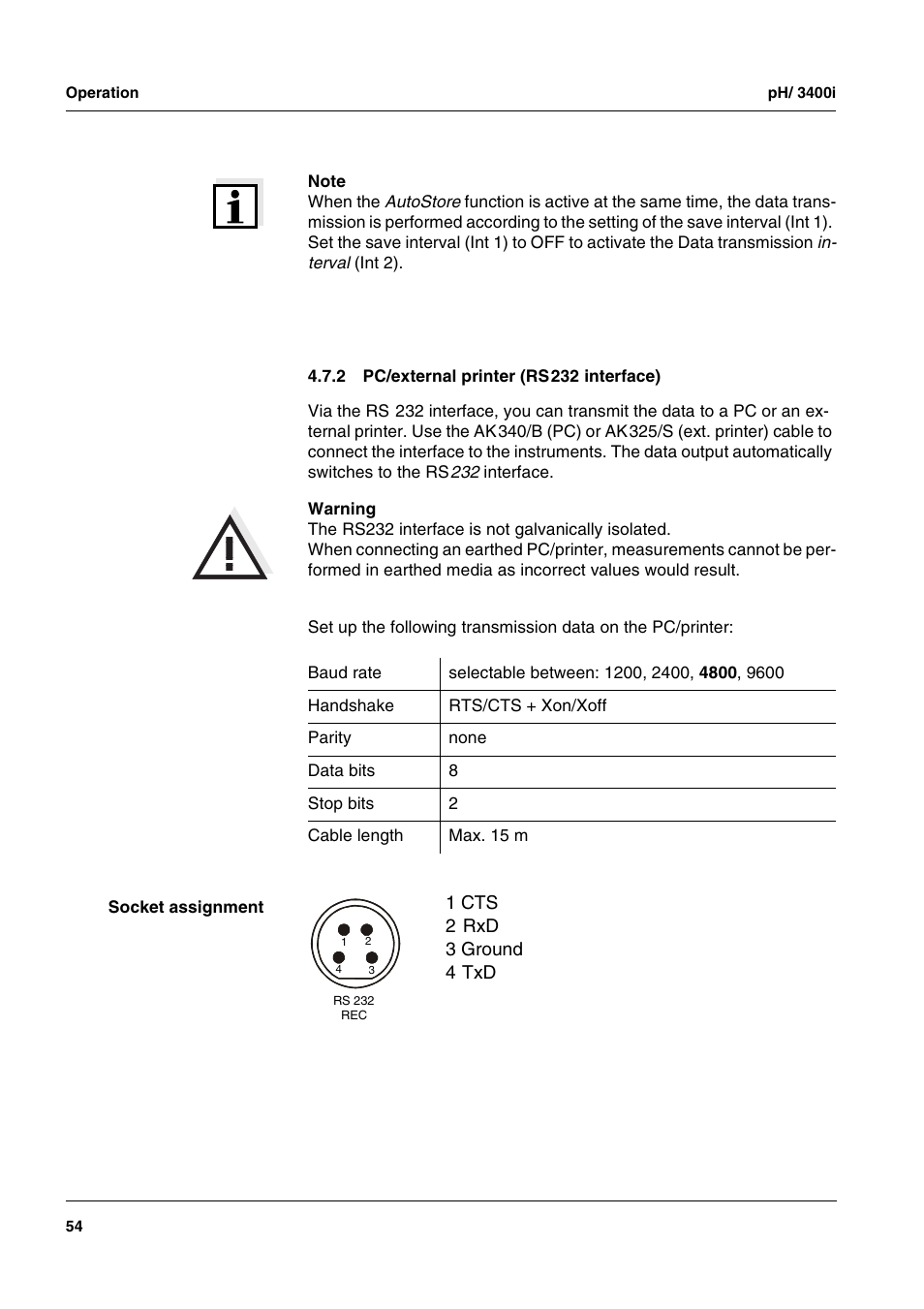 2 pc/external printer (rs232 interface), Pc/external printer (rs232 interface), Ng to section 4.7.2 | Xylem pH/ION 3400i ION SELECTIVE ELECTRODE ANALYZER User Manual | Page 54 / 83