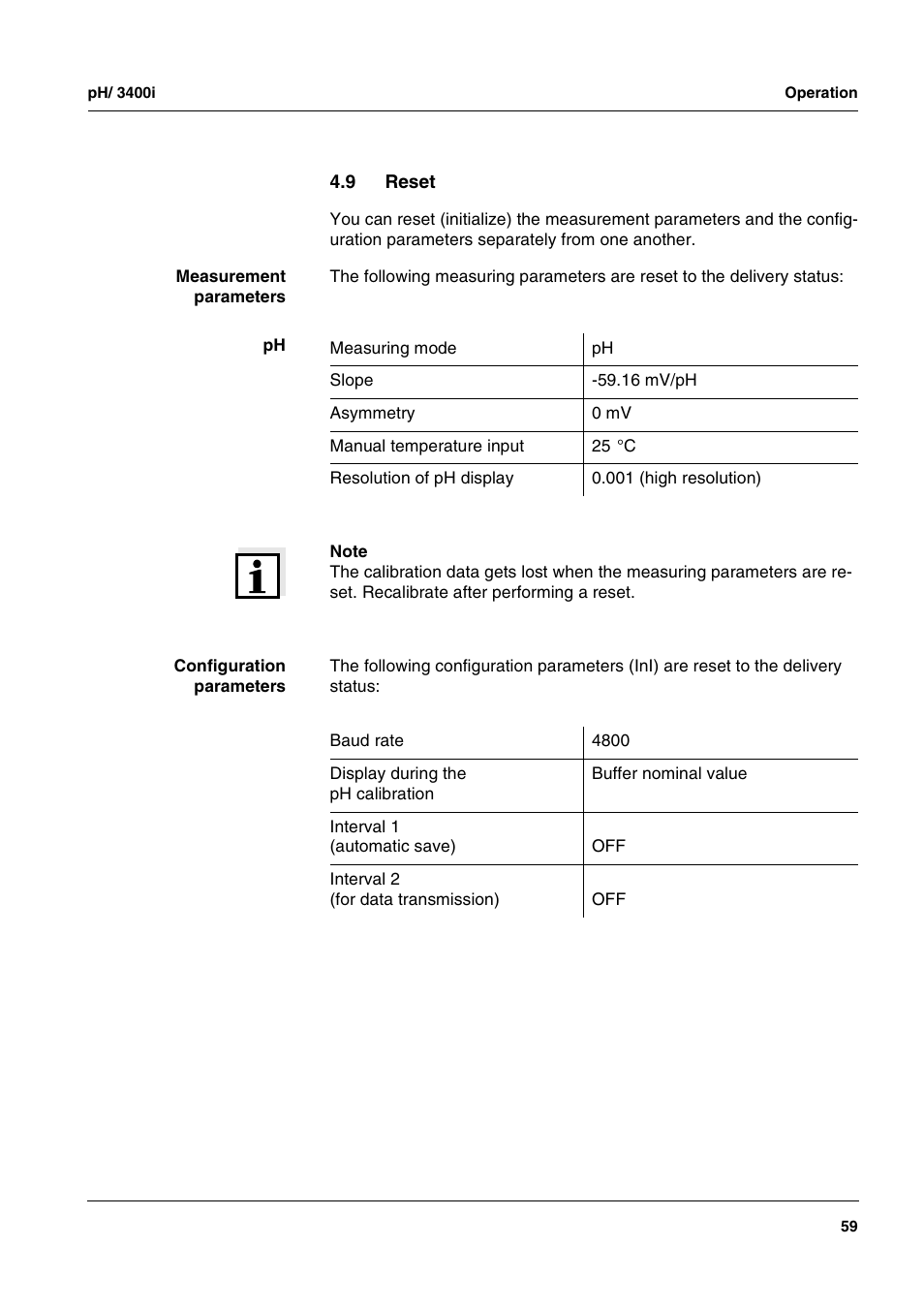 9 reset, Reset | Xylem pH/ION 3400i ION SELECTIVE ELECTRODE ANALYZER User Manual | Page 59 / 83