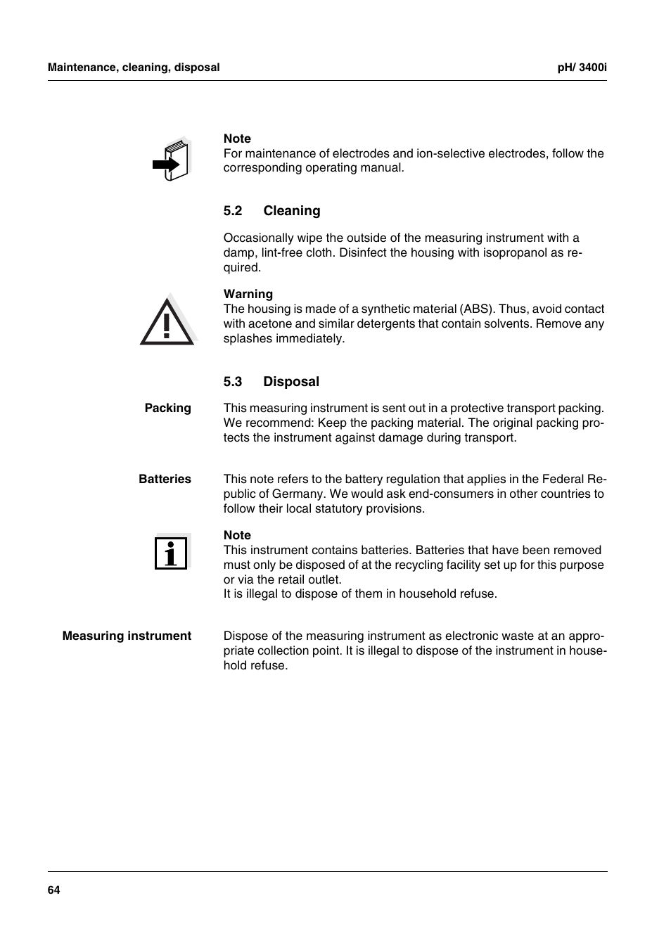 2 cleaning, 3 disposal, Cleaning | Disposal | Xylem pH/ION 3400i ION SELECTIVE ELECTRODE ANALYZER User Manual | Page 64 / 83