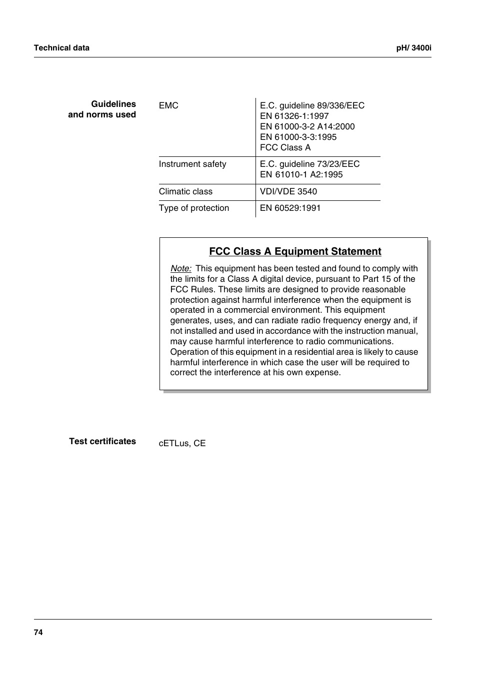 Fcc class a equipment statement | Xylem pH/ION 3400i ION SELECTIVE ELECTRODE ANALYZER User Manual | Page 74 / 83