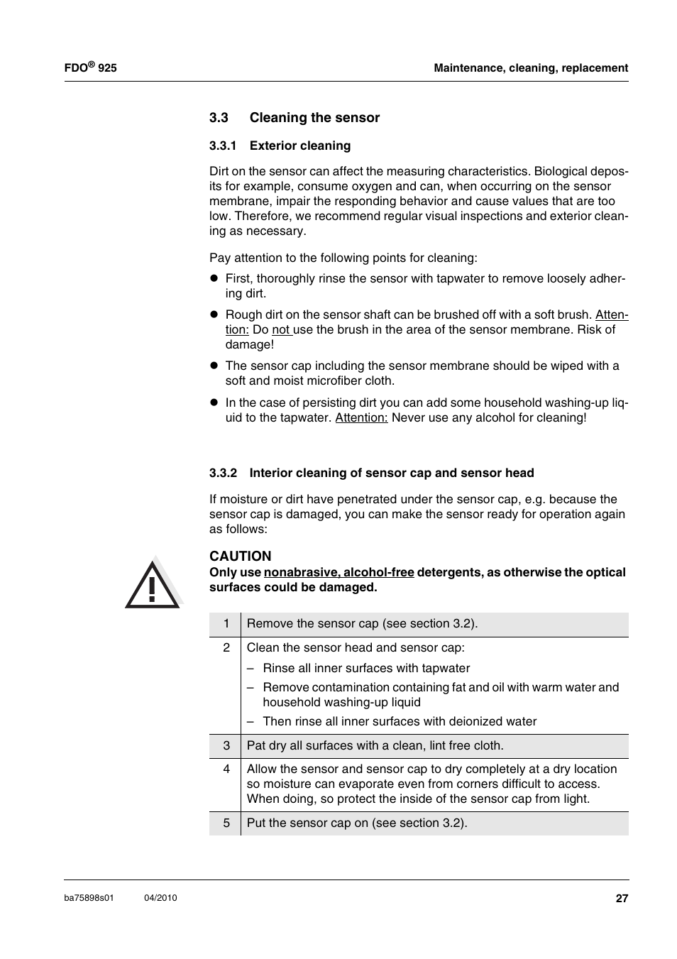 Cleaning the sensor | Xylem FDO 925 User Manual | Page 11 / 16