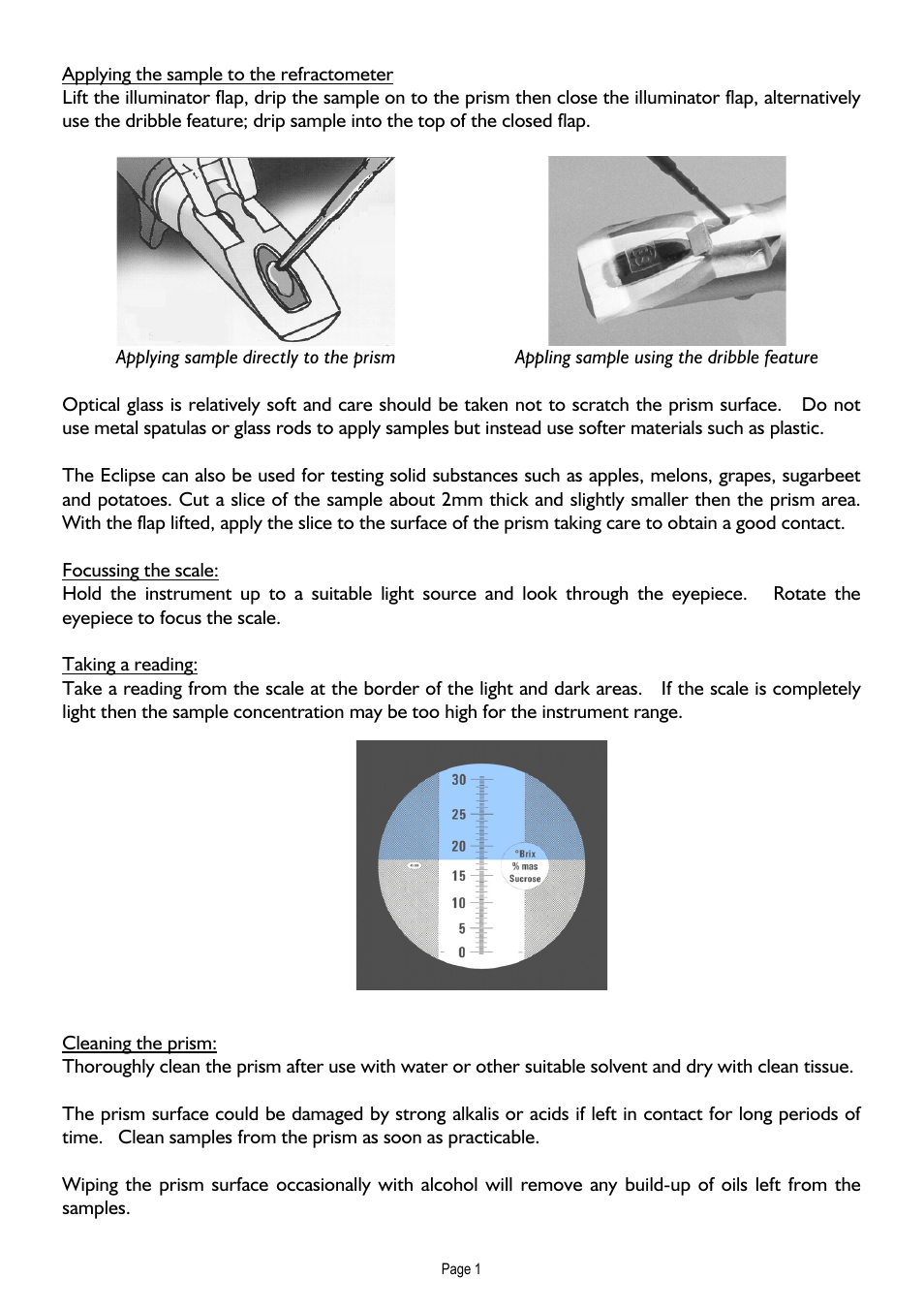 Applying the sample to the refractometer, Focussing the scale, Taking a reading | Cleaning the prism | Xylem ECLIPSE PROFESSIONAL HAND-HELD REFRACTOMETER User Manual | Page 3 / 8