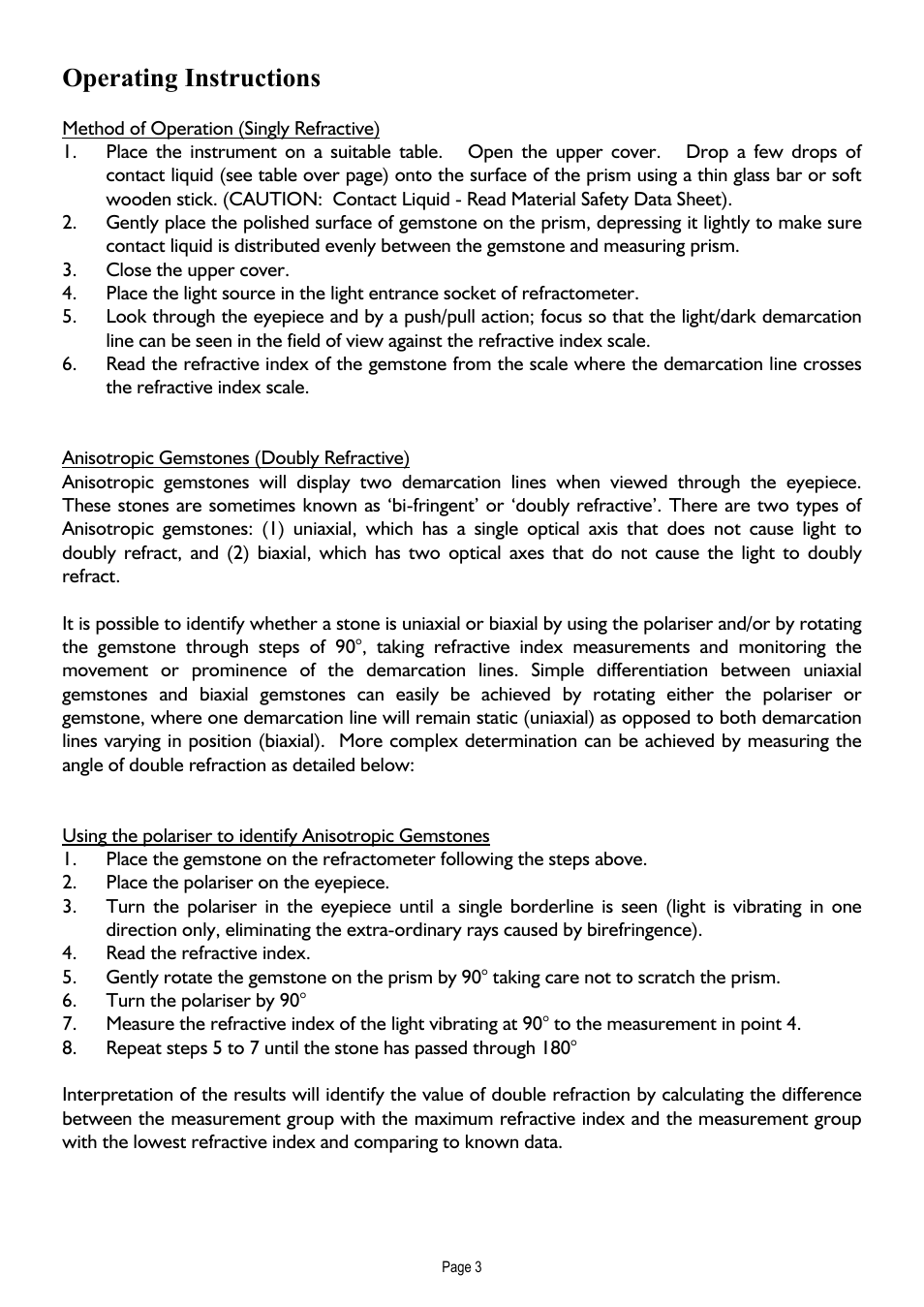 Operating instructions, Method of operation (singly refractive), Anisotropic gemstones (doubly refractive) | Xylem E-Line Gemological Refractometer User Manual | Page 4 / 8