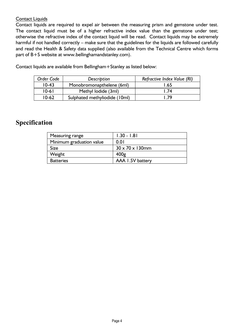 Contact liquids, Specification | Xylem E-Line Gemological Refractometer User Manual | Page 5 / 8