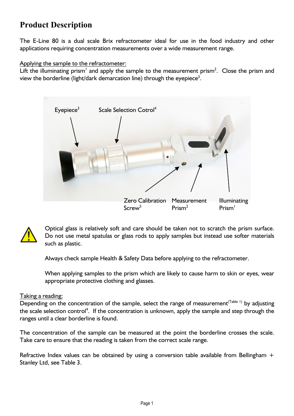Product description, Applying the sample to the refractometer, Taking a reading | Xylem E-Line 80 Refractometer User Manual | Page 3 / 8