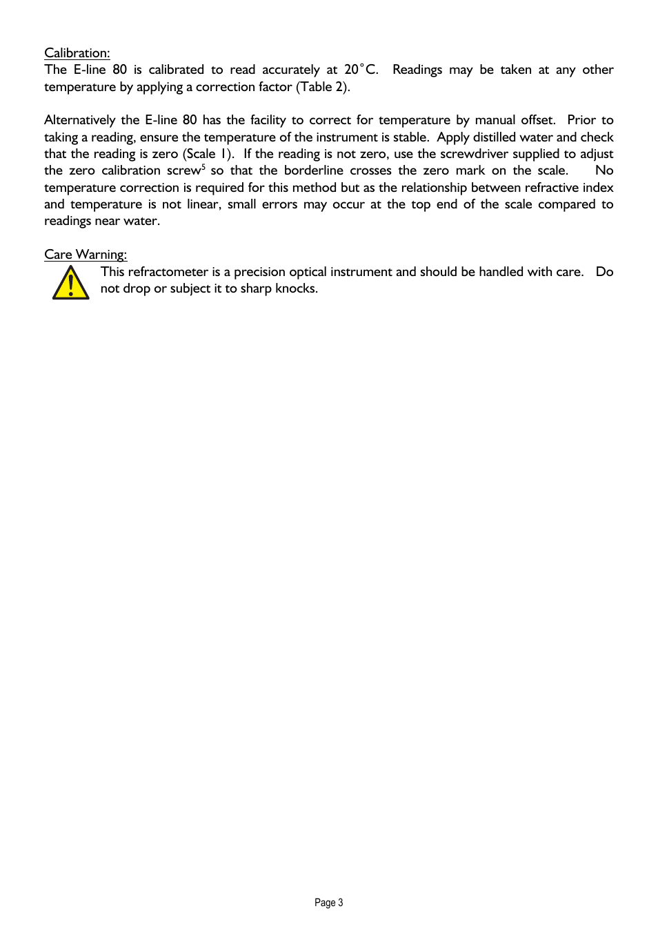 Calibration, Care warning | Xylem E-Line 80 Refractometer User Manual | Page 5 / 8