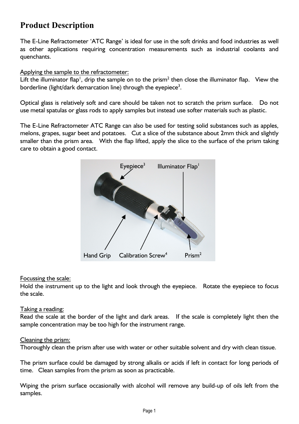 Product description, Applying the sample to the refractometer, Focussing the scale | Taking a reading, Cleaning the prism | Xylem E-Line Refractometer ATC Range User Manual | Page 3 / 4