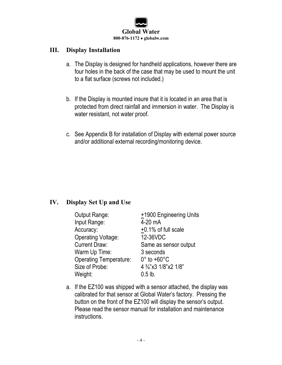 Xylem EZ100 Sensor Display User Manual | Page 4 / 10