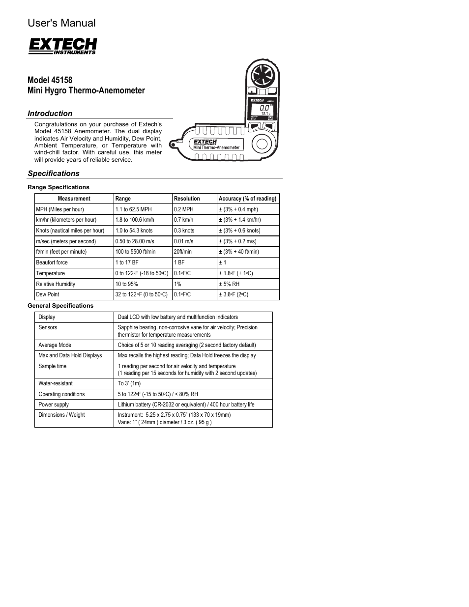 Xylem 45158 HANDHELD ANEMOMETERS User Manual | 4 pages