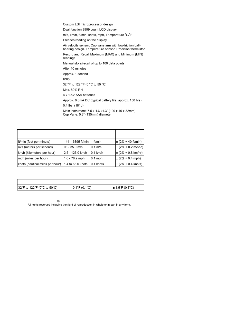 Specifications | Xylem AN400 PORTABLE ANEMOMETERS User Manual | Page 6 / 6