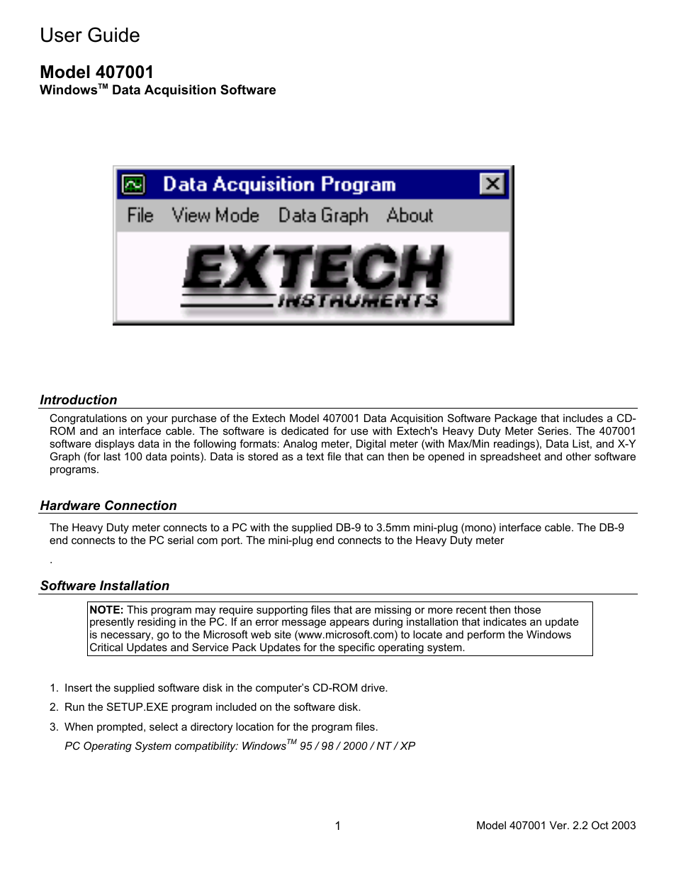 Xylem 407001 Windows Data Acquisition Software User Manual | 4 pages
