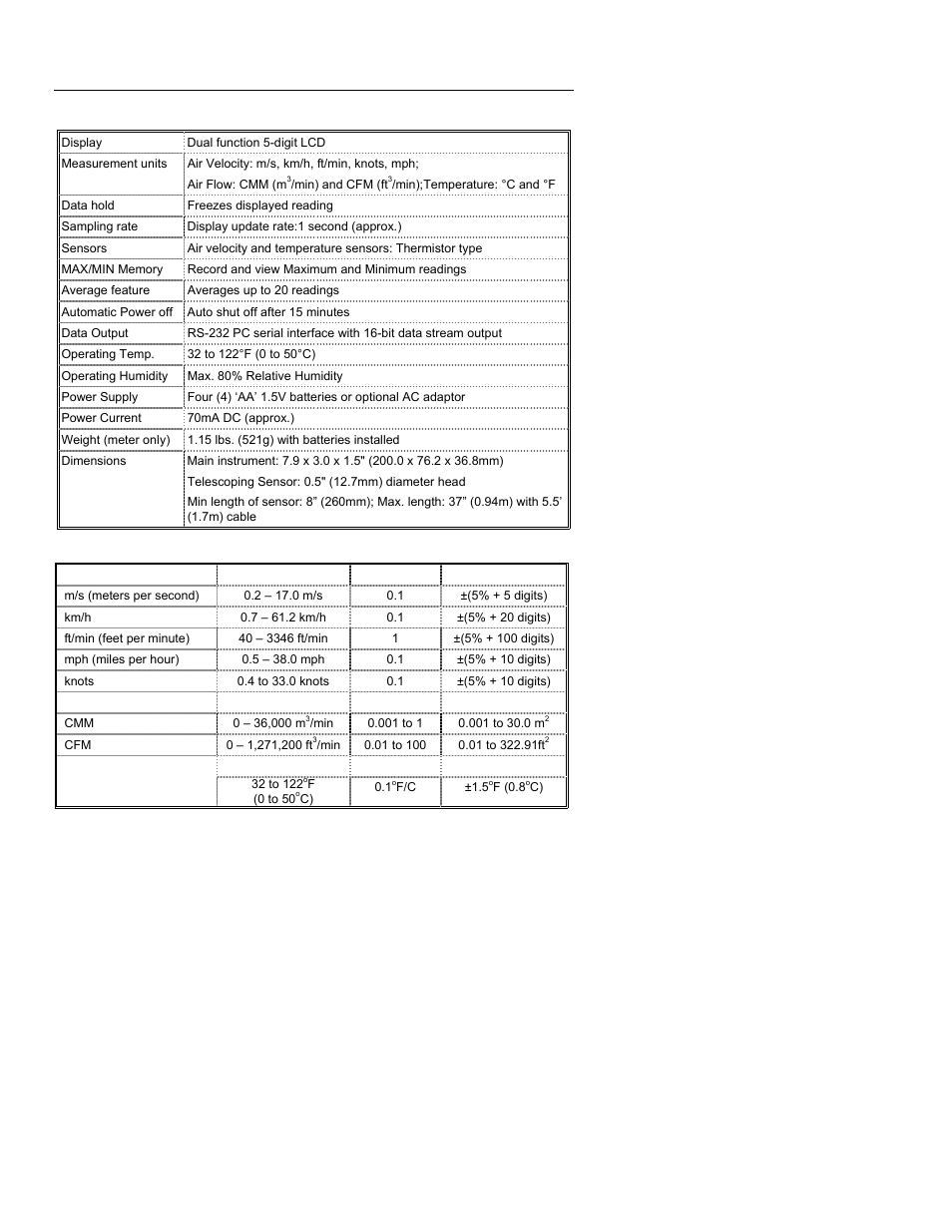 Specifications | Xylem 407119A HOT WIRE ANEMOMETERS User Manual | Page 3 / 11