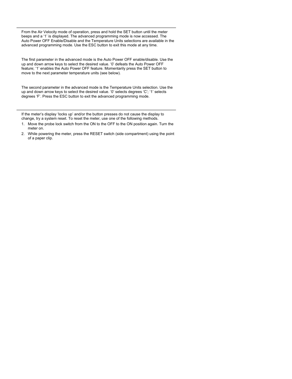 Advance programming mode, System reset | Xylem 407119A HOT WIRE ANEMOMETERS User Manual | Page 8 / 11