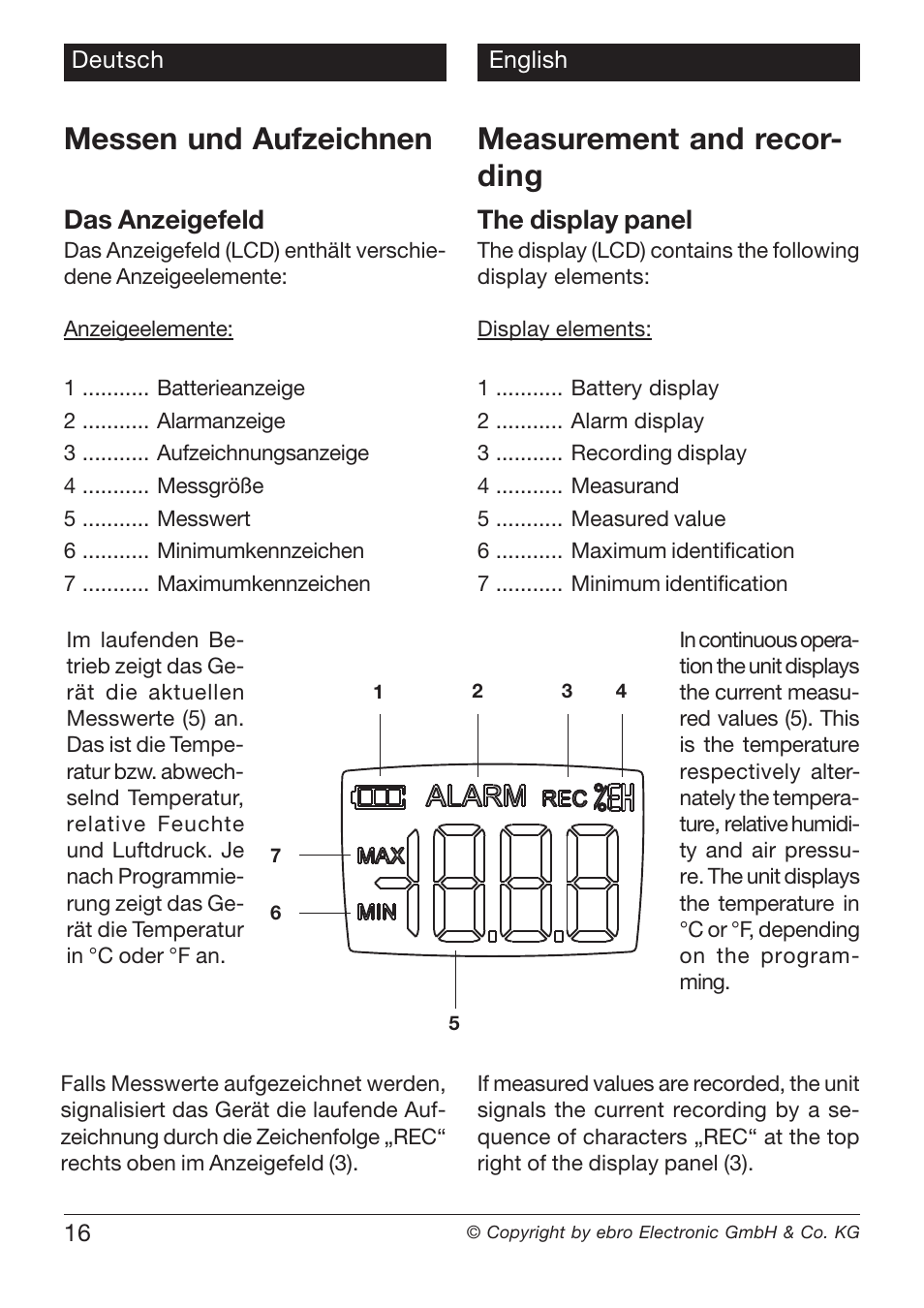 Measurement and recor- ding, Messen und aufzeichnen, Das anzeigefeld | The display panel | Xylem EBI20 TEMPERATURE/HUMIDITY DATALOGGERS User Manual | Page 16 / 40