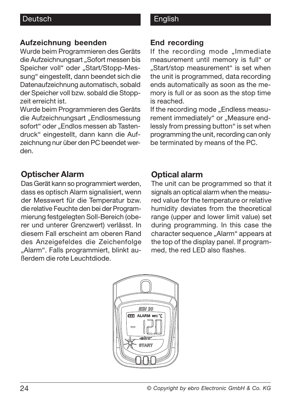 Bild alarmanzeige mit blin- kender led | Xylem EBI20 TEMPERATURE/HUMIDITY DATALOGGERS User Manual | Page 24 / 40