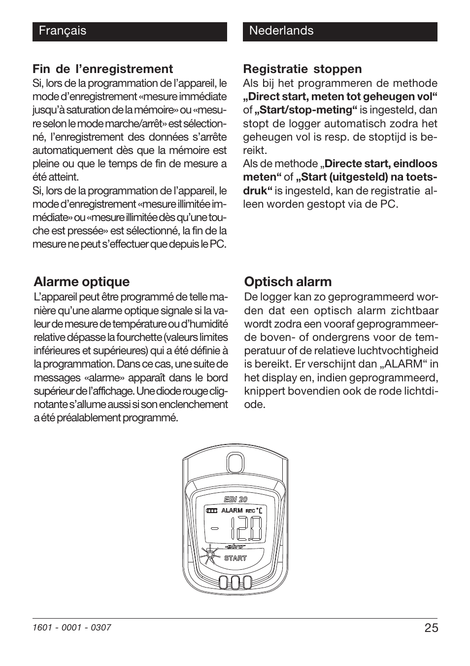 Alarme optique, Optisch alarm | Xylem EBI20 TEMPERATURE/HUMIDITY DATALOGGERS User Manual | Page 25 / 40