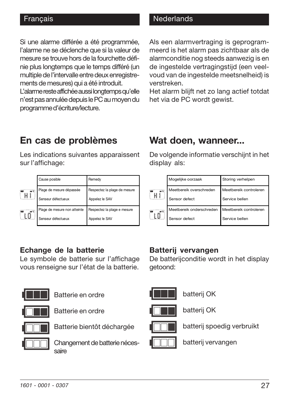 En cas de problèmes, Wat doen, wanneer, 27 français | Nederlands, Batterij vervangen, Echange de la batterie, De batterijconditie wordt in het display getoond | Xylem EBI20 TEMPERATURE/HUMIDITY DATALOGGERS User Manual | Page 27 / 40