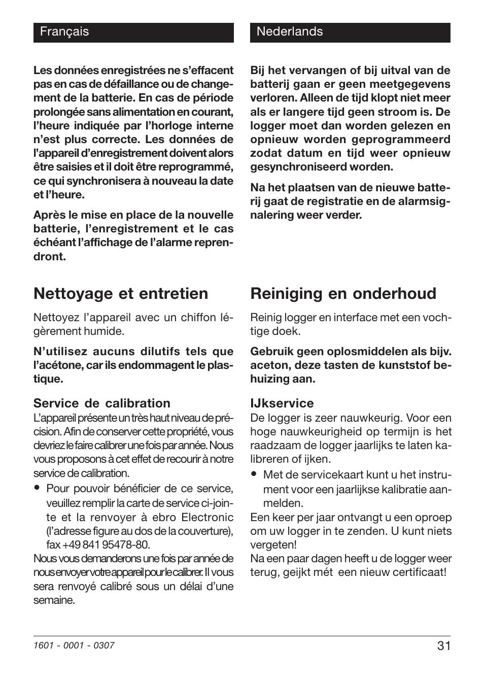 Nettoyage et entretien, Reiniging en onderhoud | Xylem EBI20 TEMPERATURE/HUMIDITY DATALOGGERS User Manual | Page 31 / 40