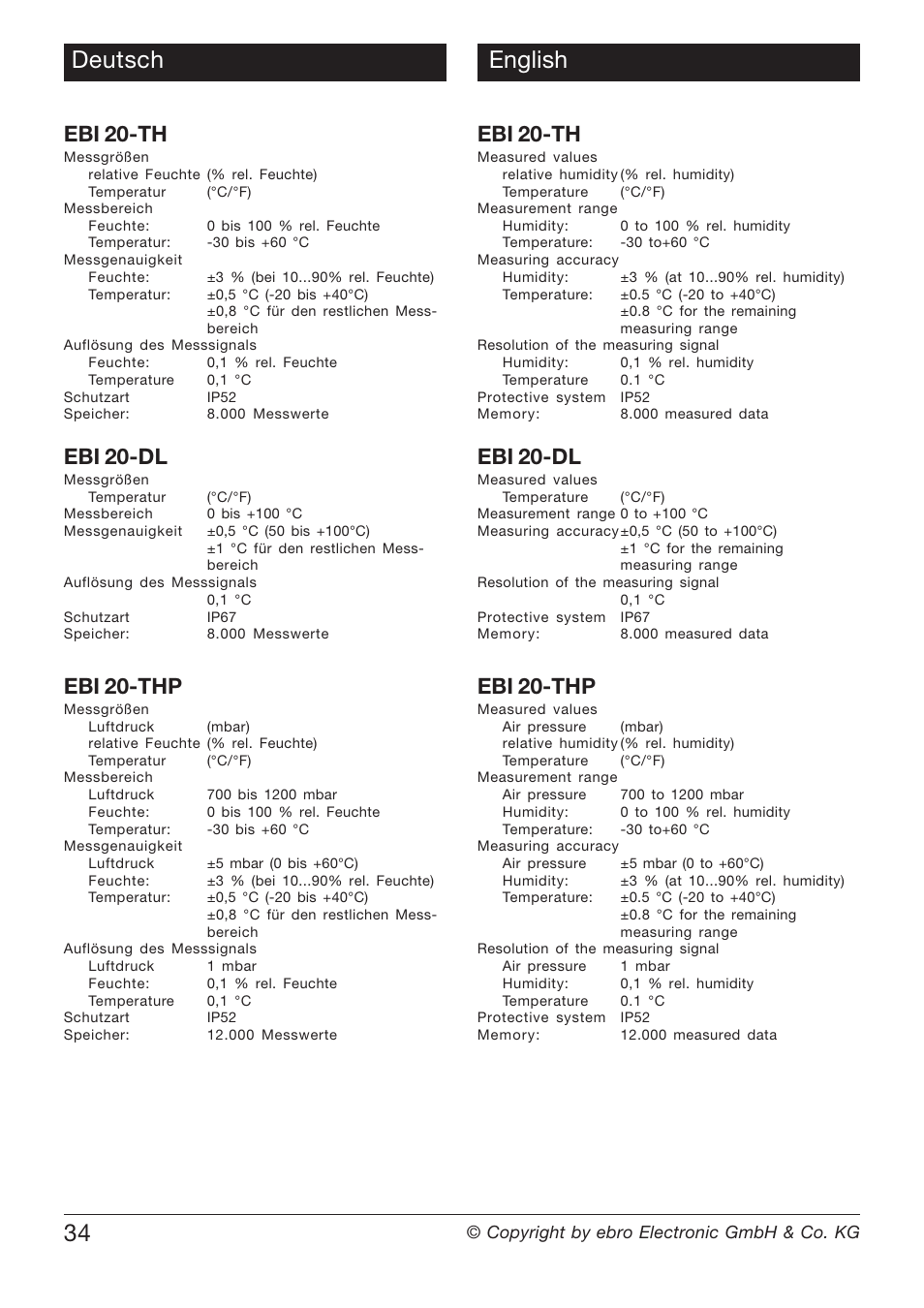 Nederlands 34 deutsch english, Ebi 20-th, Ebi 20-dl | Ebi 20-thp | Xylem EBI20 TEMPERATURE/HUMIDITY DATALOGGERS User Manual | Page 34 / 40