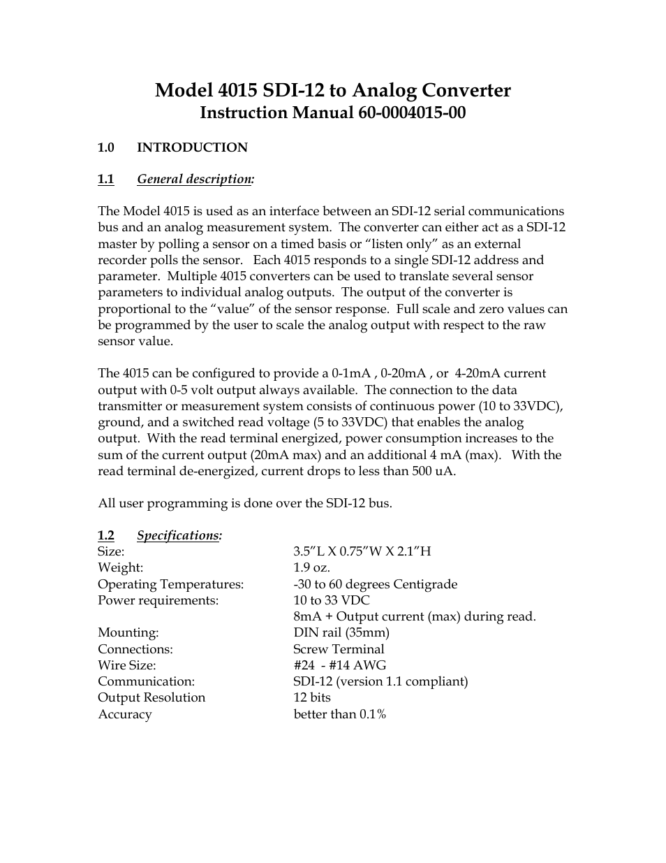 Xylem 4015 SDI-12 TO ANALOG CONVERTER User Manual | 5 pages