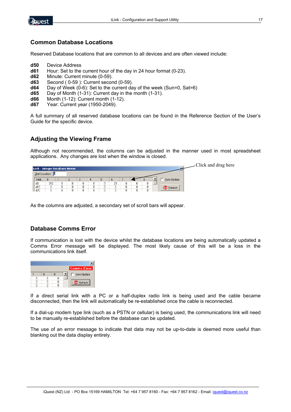 Common database locations, Adjusting the viewing frame, Database comms error | Xylem SDI-12 Data Logger iLink User Manual | Page 17 / 69