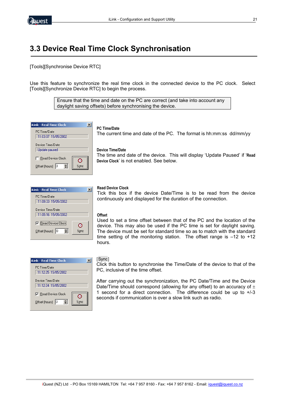 3 device real time clock synchronisation | Xylem SDI-12 Data Logger iLink User Manual | Page 21 / 69