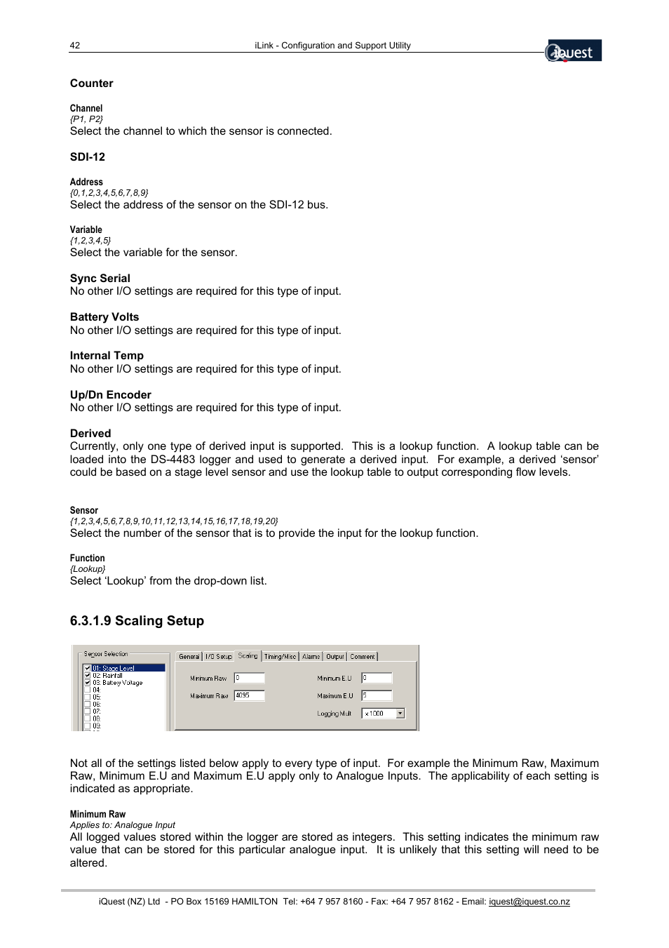 Counter, Sdi-12, Sync serial | Battery volts, Internal temp, Up/dn encoder, Derived, 9 scaling setup | Xylem SDI-12 Data Logger iLink User Manual | Page 42 / 69