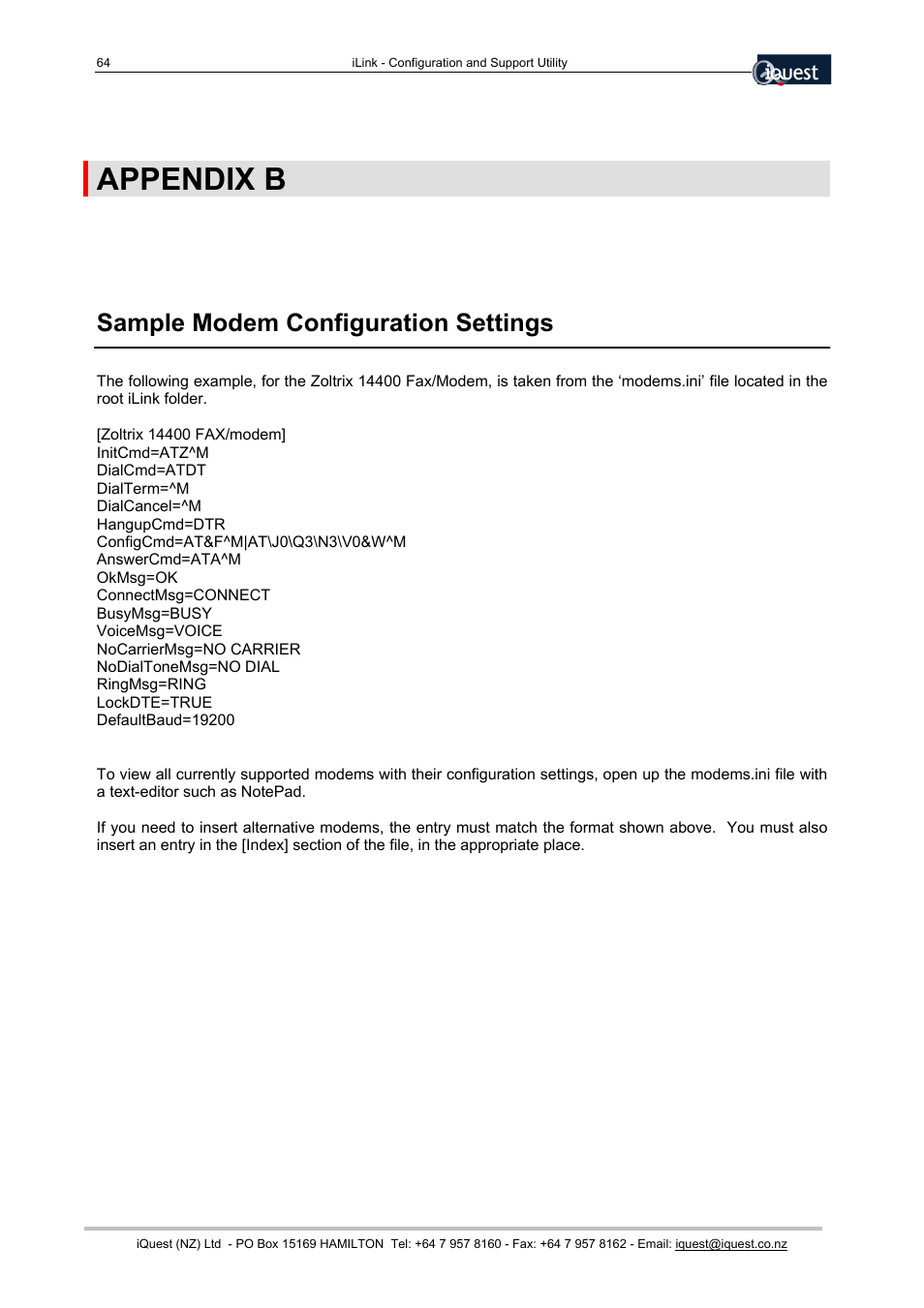 Appendix b, Sample modem configuration settings | Xylem SDI-12 Data Logger iLink User Manual | Page 64 / 69