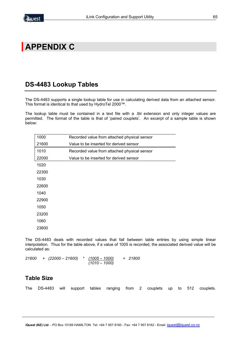Appendix c, Ds-4483 lookup tables, Table size | Xylem SDI-12 Data Logger iLink User Manual | Page 65 / 69
